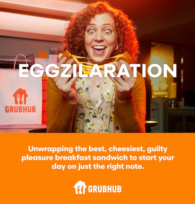 Grubhub advert, woman excited about a breakfast sandwich 