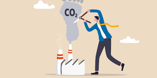 Illustration of man cutting down carbon emissions with scissors