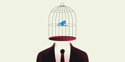 Man with birdcage head with blue bird inside cage