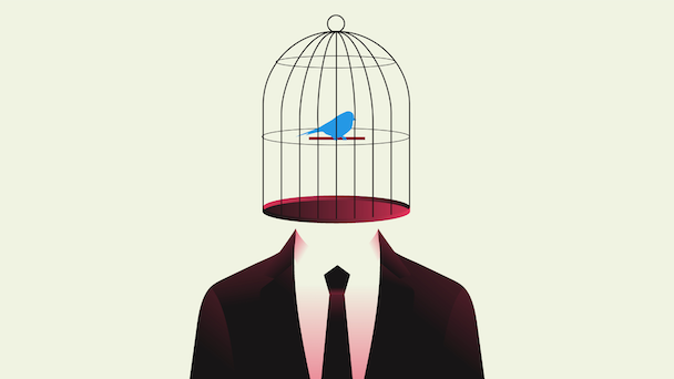 Man with birdcage head with blue bird inside cage